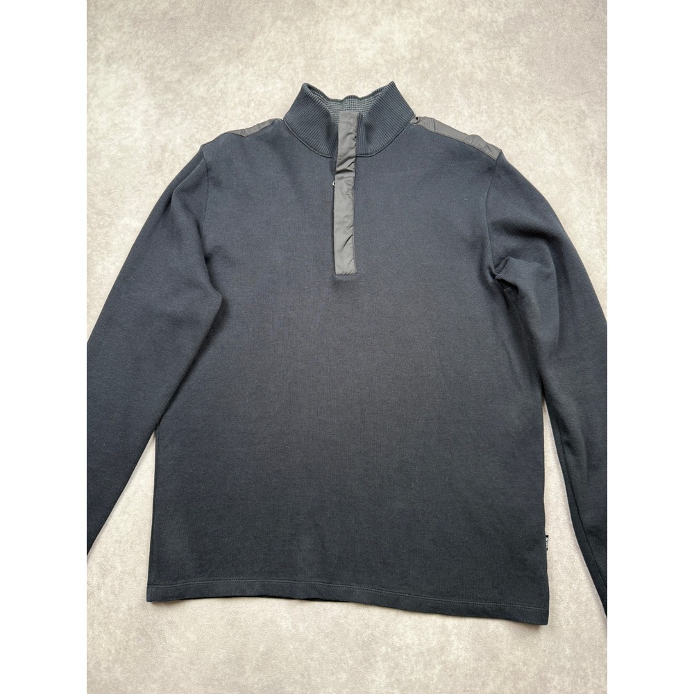 Hugo Boss Mens L Regular Fit Quarter Zip Pullover Black Shoulder Overlay Sweater